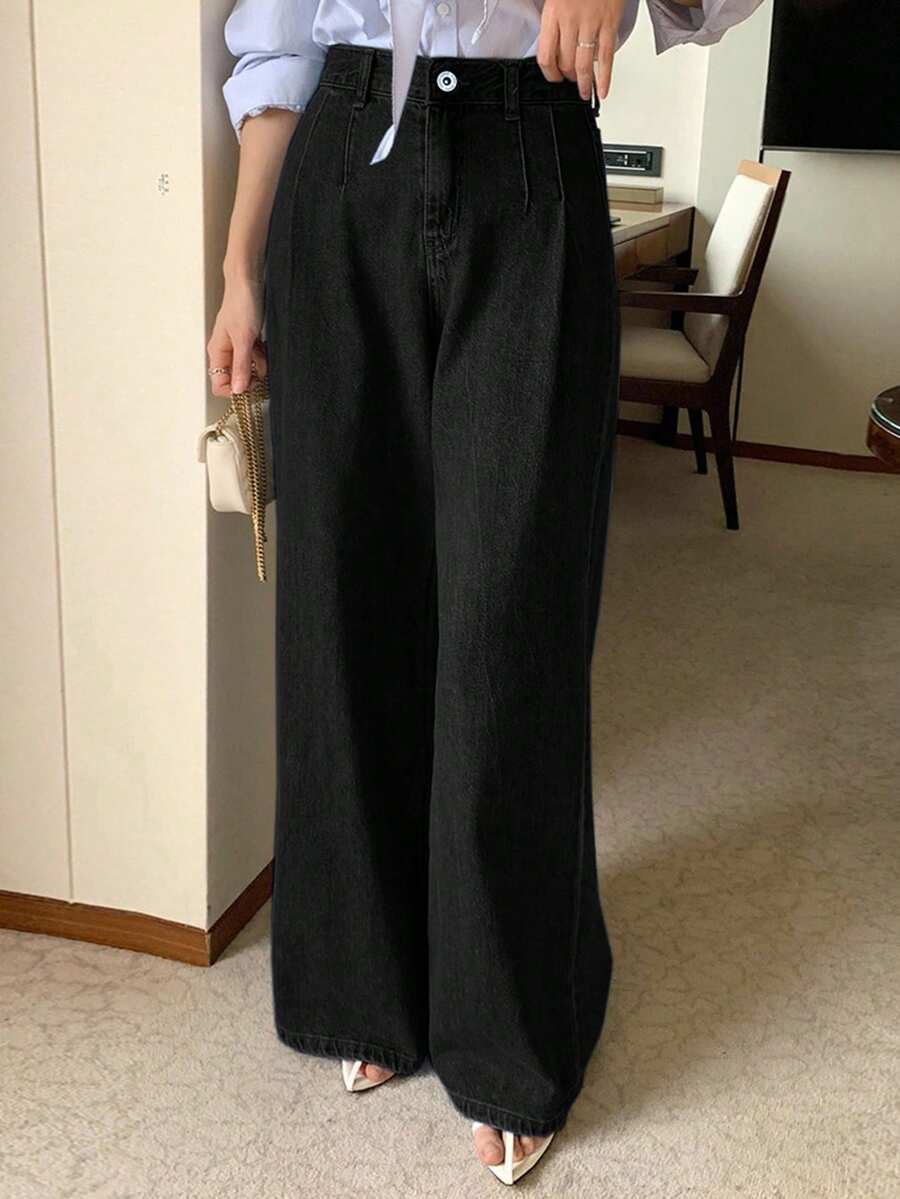DAZY High Waist Washed Blue Pleated Wide Leg Jeans, Loose & Versatile Denim Pants For Autumn/Winter - Black - View 1