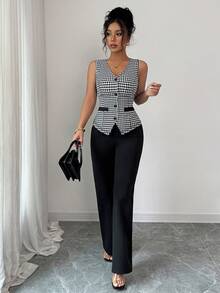 Elenzga Ladies Elegant Houndstooth Vest Top And Pants 2 Pieces Set - Black - View 5