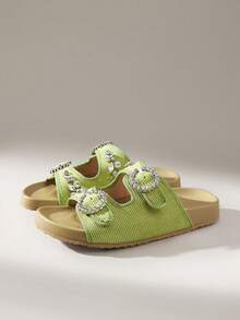 Solecia New Women's Green Woven Rhinestone Flat Casual Sandals - Green - View 2