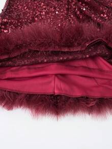 Sequin Embellished Burgundy Tulle Dress, Faux Fur Trim Teen GirlChristmas Party Dress - Burgundy - View 5