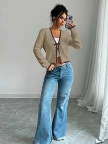 Selianne Cardigan Pullover Lengan Panjang Bertekstur Berlian Serbaguna Gaya Kasual Prancis untuk Wanita - Khaki - View 6
