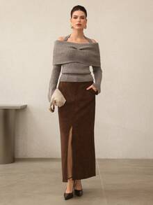 Modelyn Women's Autumn/Winter Fashionable Solid Color Foldover Halter Off Shoulder Fitted Sweater - Camel - View 7