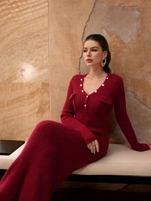 Modelyn Women's Elegant Solid Color V-Neck Flap Pocket Fitted Sweater Dress, Versatile For Autumn/Winter - Burgundy - View 7