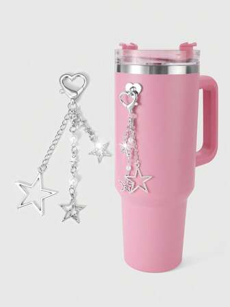 Kawaii 1pc Y2K Fashion Delicate Casual Versatile High-Quality Silver Chain White Faux Pearl Rhinestone Hollow Star Decor DIY Heart Keychain Bag Charm Phone Pendant Cup Accessory, Comes With Phone Holder Sticker & Heart Decor, Suitable For Women, Great Gift