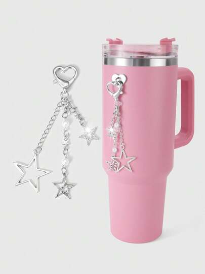 Kawaii 1pc Y2K Fashion Delicate Casual Versatile High-Quality Silver Chain White Faux Pearl Rhinestone Hollow Star Decor DIY Heart Keychain Bag Charm Phone Pendant Cup Accessory, Comes With Phone Holder Sticker & Heart Decor, Suitable For Women, Great Gift