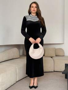 Modelyn Plus Size Elegant Dress With Beaded Collar Patchwork - Black - View 4