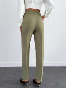 EURMUSE Women's Fashionable Versatile Solid Color High Waist Pants - Army Green - View 2