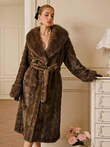 Aveloria Rosie Brown Wavy Textured Elegant Belted Long Fluffy Coat, Fashionable Lapel Slim Fit Overcoat, Autumn/Winter - Brown - View 4