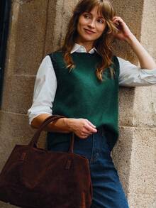 Écloséra 女士休闲宽松圆领无袖针织撞色饰边卡其色毛衣上衣，春秋季 - 墨綠色 - 查看 7