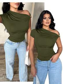 SHEIN SXY 女式性感优雅简约不对称单肩露肩上衣，夏季休闲百搭衬衫 - 軍綠色 - 查看 6