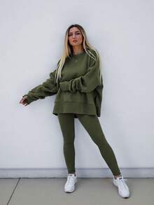 INAWLY Plus Size Casual Loose Solid Color Round Neck Split Hem Sweatshirt And Skinny Pants 2 Pieces Set, Autumn - Army Green - View 3