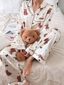 Asian Style Dream Adore Women's Apricot Base Teddy Bear Bow Heart Print Faux Silk Lapel Top & Pants Pajama Set Women Pajamas Fall Winter Clothes