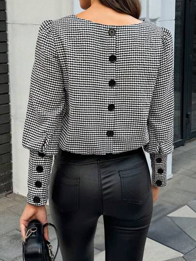 Easura Autumn And Winter Women's Autumn Plaid Puff Sleeve Elegant Shirt, Back Single Breasted Button Down Shirt