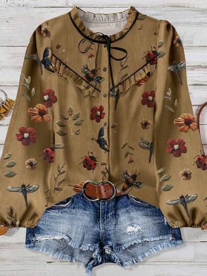 Linhara 大码女式碎花荷叶边圆领长袖休闲衬衫