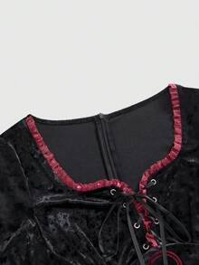 ROMWE Goth 哥特复古天鹅绒钻石绒面料女式女巫符号图腾五角星刺绣图案喇叭袖超短连衣裙 - 黑色 - 查看 3