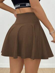 Eassivo Eassivo Minifalda de cintura alta de unicolor y bolsillo lateral minimalista para mujer - Café integral - Ver 5