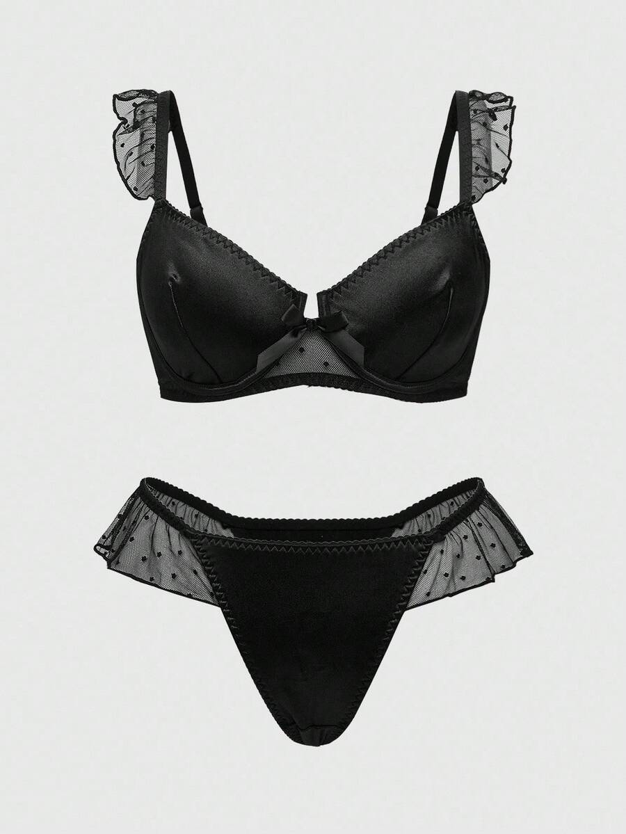 ROMWE Plus Size Gothic Ruffled Babydoll Sexy Lingerie Set - Black - View 1