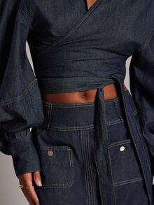 NYA SZN 上衣长袖超大牛仔短款裹身领带细节日常休闲商务休闲办公室教师端庄教堂夜间外出秋冬适合女性通勤服装 - 深色水洗藍 - 查看 5