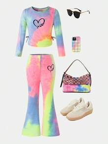 SHEIN 2件套年轻女孩扎染圆领褶皱休闲T恤和喇叭裤套装 - 彩色 - 查看 3