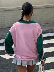 Muchica Pink Women's Contrast Color Knit Letter Pattern Dropped Shoulder Loose T-Shirt Retro Clothes - Pink - View 2