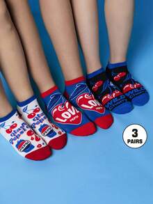 PEPSI X SHEIN 3 đôi tất cổ ngắn màu trắng và đen mềm mại, thoáng khí, thấm hút mồ hôi, họa tiết anh đào, thời trang và dễ thương, mũi và gót được gia cố, bền chắc, phù hợp cho cả nam và nữ, mọi mùa, mùa hè, mùa đông - Nhiều màu - Xem 2
