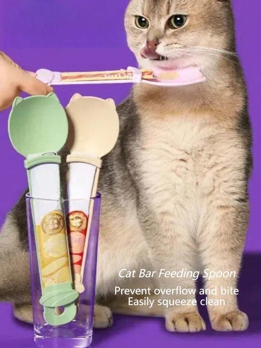 1pc Soft Squeeze Pet Food Dispenser - Long Handle Wet Food Feeder, Plastic Pet Snack Spoon, Cat Food Feeding Tool (Cat Food Not Included) - Multicolor - View 1