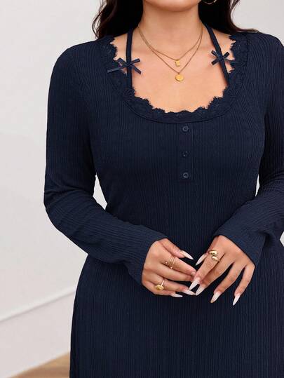 Modelyn Plus Size Women's Elegant Solid Color Contrast Lace Tie Neck Waist Cinched Dress, Spring/Autumn