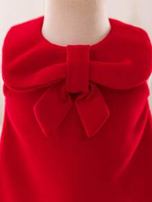 SHEIN Glamorique Kids 圣诞节女婴公主裙、派对装、圣诞老人裙、新年裙、长袖夹克、红色羊毛面料、蝴蝶结装饰、A字裙、舞台表演、中东连衣裙、秋冬新品 - 紅色 - 查看 7