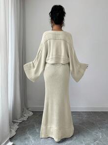 Elenzga Conjunto de 2 piezas de suéter de punto casual y cárdigan con patrón floral calado para mujer, versátil y elegante para salidas, trabajo, escuela y vacaciones - Albaricoque - Ver 2