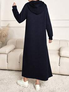 Lacomfia 女士休闲纯色连帽长款运动衫，秋冬 - 藏蓝色 - 查看 3