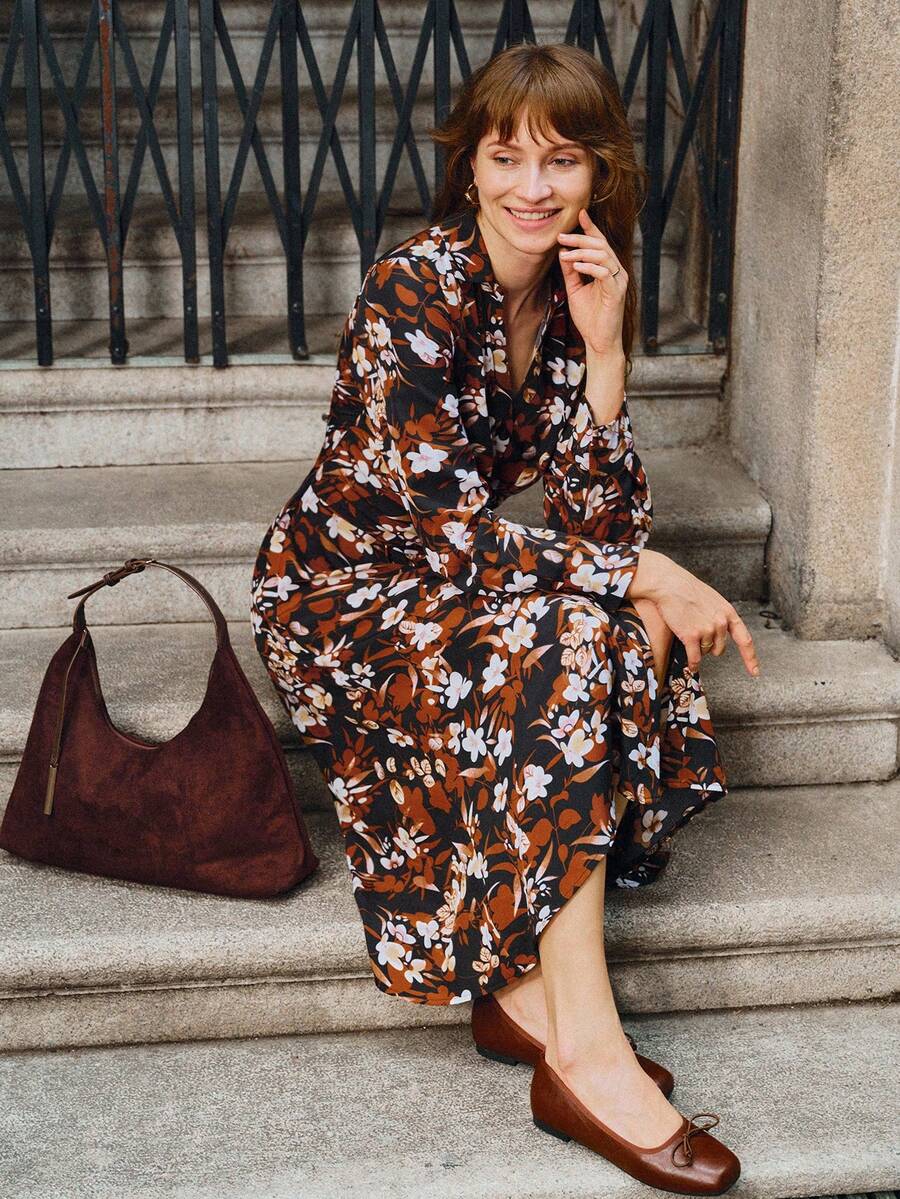 EMERY ROSE V领复古印花女装连衣裙，秋季新品 - 彩色 - 查看 1