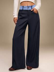 Hanevo 女式休闲纯色拼布格子运动裤 - 寶藍色 - 查看 5