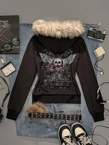 SHEIN ICON 女式休闲复古修身毛领连帽常规外套，带骷髅翅膀图案，适合秋冬，复古复古，Y2K，十字图案印花，街头服饰，复古，复古，垃圾摇滚，朋克， - 黑色 - 查看 7