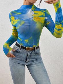 Allurite Women's Sexy Full Print Funnel Neck Fitted Sheer Blouse, Spring/Summer/Autumn - Mint Blue - View 5