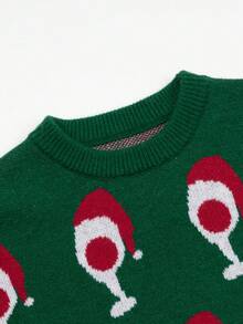EMERY ROSE Christmas Holiday Wine Glass Print Green Casual Party Sweater Top - Green - View 4