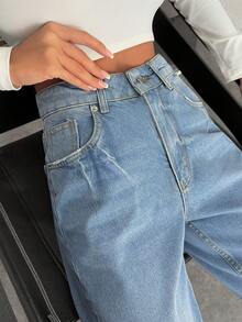 EURMUSE 100% Cotton Women High-Waist Straight Washed Denim Casual Pants - Light Wash - View 6