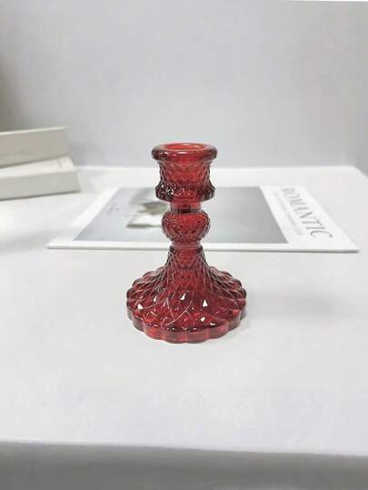 1pc/2pcs Red Glassware Diamond Patterned Candlestick Pedestal, Home Decor Centerpiece, Glass Candlestick Holder Taper And Pillar Candle Holder, For Dining Table, Living Room, Wedding, Gifts, Desktop Decoration Wedding Dinning Party