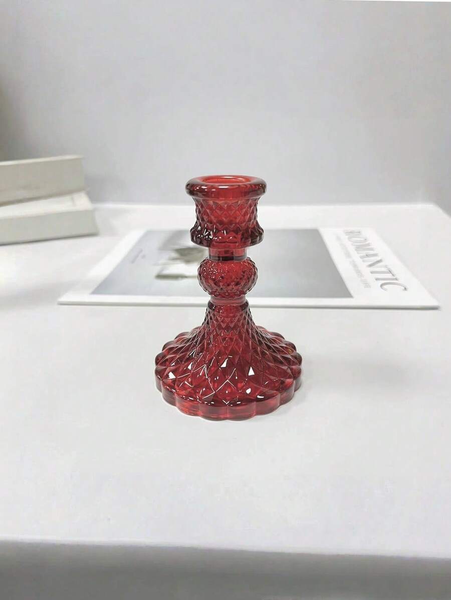 1个/2个红色玻璃菱形图案烛台底座，家居装饰中心摆件，玻璃烛台支架，锥形和柱形蜡烛支架，适用于餐桌、客厅、婚礼、礼品、桌面装饰、婚宴派对 - 紅色 - 查看 1