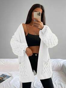 EURMUSE Dual Pocket Drop Shoulder Open Front Cardigan - White - View 5