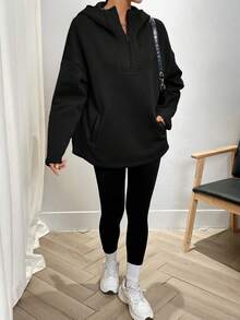 INAWLY Women's Solid Color Hooded Half-Zip Casual Sweatshirt