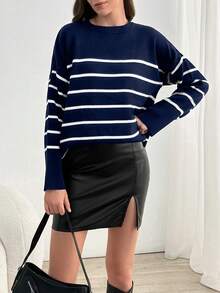 SHEIN Tall Women's Casual Everyday Colorblock Striped Crew Neck Sweater, Autumn/Winter - Navy Blue - View 5