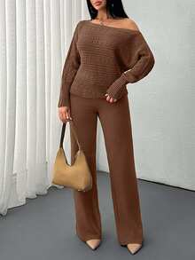 EURMUSE Solid Color Holo Out Batwing Sleeve Sweater, Spring/Fall Season, Long Sleeve Top And Sweater Pant 2pcs Set - Brown - View 4
