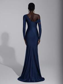 Elitara Váy đuôi cá bay phía trước, tay dài, vai lệch bất đối xứng, chất liệu thun màu nâu thanh lịch, trang trí kim loại, phù hợp cho đám cưới, tiệc tùng, kỳ nghỉ, váy dạ hội (dày dặn) - Màu xanh hải quân - Xem 3