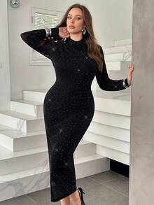 Modelyn Plus Size Elegant Rhinestone Embellished Fitted Party Dress - Black - View 7