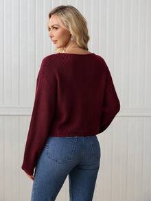 LanaWest Sweater Rajut Longgar Bergaris Kasual Wanita Warna Polos dengan Bahu Jatuh, Warna Abu-abu - Burgundy - View 2