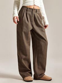 Easelle 格纹条纹休闲裤，适合秋冬 - 棕色 - 查看 5