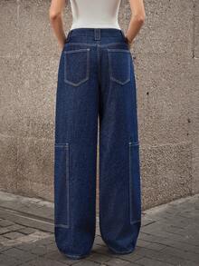 SHEIN LUNE Vintage Fashionable Elegant Pocket Solid Color Washed Straight Leg Jeans - Dark Wash - View 3