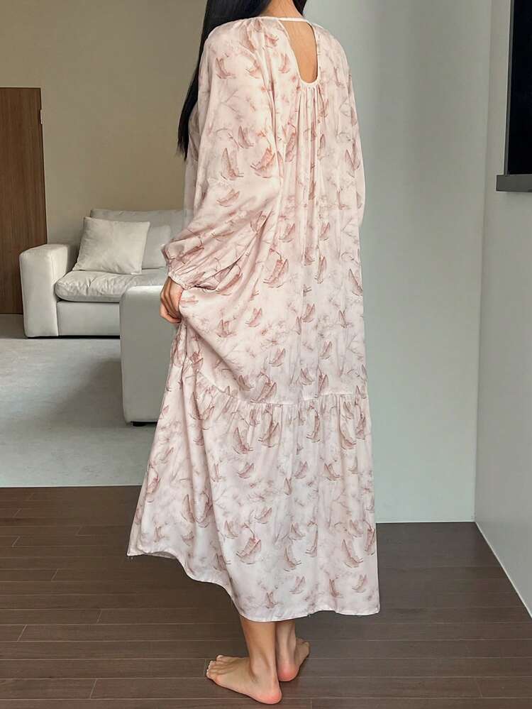 Autumn Butterfly Pattern Pleated Design Hollow Back Loose Lantern Sleeve Women Nightgown Pajama, Winter