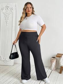 SHEIN CURVE+ 大码女式秋冬返校休闲家居服家居服瑜伽舒适户外纯黑色针织松紧腰高腰口袋喇叭裤，带口袋的紧身裤 - 深灰色 - 查看 4