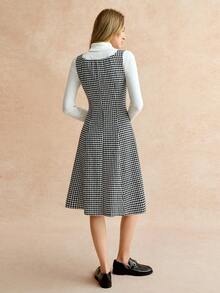 Écloséra Women's Elegant Commuter Dress, Fashionable Street Style Dress, Houndstooth Dress, Mid-Length Dress, Fitted Waist A-Line Dress, Vest Dress, Autumn And Winter Dress, Versatile Dress. - Black and White - View 6